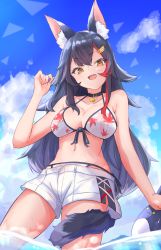 Rule 34 | 1girl, :d, absurdres, animal ear fluff, animal ears, bikini, bikini under clothes, black hair, breasts, cleavage, collar, fang, front-tie bikini top, front-tie top, highres, hololive, long hair, ogura toast, ookami mio, ookami mio (hololive summer 2019), open mouth, shorts, smile, solo, swimsuit, tail, tail wrap, virtual youtuber, white bikini, wolf ears, wolf tail, yellow eyes