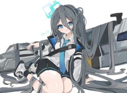 Rule 34 | 1girl, absurdly long hair, aris (blue archive), black headband, black skirt, blue archive, blue eyes, blue hair, blue necktie, breasts, collar, dark blue hair, hair between eyes, halo, hand on floor, headband, highres, holding, holding own hair, jacket, light blush, long hair, long hair between eyes, looking at viewer, magnetic weapon, multicolored clothes, multicolored jacket, necktie, nomi mushi, on floor, open clothes, open jacket, railgun, shirt, simple background, skirt, small breasts, smile, solo, thighs, very long hair, white background, white footwear, white shirt