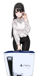 Rule 34 | 1girl, :d, absurdres, bad id, bad pixiv id, black hair, blush, box, breasts, earrings, fffukuzawa, game console, highres, jewelry, long hair, looking at viewer, open mouth, original, pants, playstation 5, red eyes, simple background, smile, solo, sweater, white background