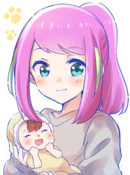 Rule 34 | 1girl, :d, ^ ^, absurdres, aqua eyes, baby, brown hair, closed eyes, closed eyes, green hair, hashimoto nyaa, highres, holding baby, mother and child, multicolored hair, nyaa (nnekoron), open mouth, osomatsu-san, pink hair, ponytail, smile, streaked hair, two-tone hair, upper body, white background