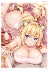 Rule 34 | 1girl, absurdres, alcohol, animal ears, artist request, ass, bare shoulders, blonde hair, blue eyes, blush, bottle, breasts, cat ears, cat tail, cleavage, closed mouth, collarbone, cup, fang, highres, holding, large breasts, lips, looking at viewer, naked towel, onsen, page number, partially submerged, sakazuki, sake, sake bottle, scan, shiny skin, smile, solo, tail, thighs, tokkuri, toranoana, towel, water