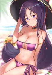 Rule 34 | 1girl, armlet, bare shoulders, beach, bikini, blush, breasts, choker, cleavage, collarbone, day, eyepatch bikini, fate/grand order, fate (series), hat, highres, ichimegasa, large breasts, long hair, looking at viewer, maosame, minamoto no raikou (fate), minamoto no raikou (fate/grand order), minamoto no raikou (swimsuit lancer) (fate), minamoto no raikou (swimsuit lancer) (first ascension) (fate), ocean, palm tree, purple bikini, purple eyes, purple hair, side-tie bikini bottom, sitting, smile, solo, swimsuit, tree, very long hair