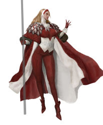 Rule 34 | 1girl, blonde hair, breasts, cape, concept art, contrapposto, full body, gloves, hand up, highres, holding, holding weapon, hunting era, looking to the side, medium breasts, pants, red footwear, red gloves, red pants, sangsoo jeong, solo, standing, weapon, wrist cuffs