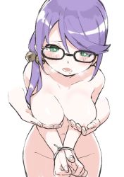 Rule 34 | 1girl, bell, black-framed eyewear, blush, bound, bound wrists, breasts, bright pupils, collarbone, completely nude, cowboy shot, disembodied limb, glasses, goe (g-o-e), grabbing, grabbing another&#039;s breast, grabbing from behind, green eyes, groin, hair bell, hair ornament, heavy breathing, highres, hoshimi junna, jingle bell, long hair, looking at viewer, low ponytail, medium breasts, navel, nipple stimulation, nipple tweak, nipples, nude, open mouth, purple hair, raised eyebrows, saliva, shoujo kageki revue starlight, side ponytail, simple background, solo, swept bangs, white background, white pupils