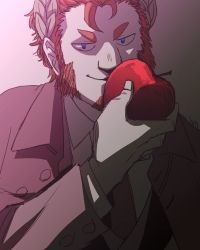 Rule 34 | 1boy, blue eyes, claude (housamo), facial hair, food, formal, fruit, goatee, holding, holding food, holding fruit, kyouta 22, long sideburns, male focus, mature male, orange hair, short hair, sideburns, smile, solo, suit, tokyo houkago summoners, upper body