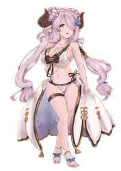 Rule 34 | 1girl, bikini, blue eyes, breasts, cleavage, draph, frilled bikini, frills, granblue fantasy, hair over one eye, highres, horns, large breasts, light purple hair, long hair, looking at viewer, low tied hair, narmaya (granblue fantasy), narmaya (summer) (granblue fantasy), pointy ears, solo, swimsuit, teriton, thigh strap, white background, white bikini
