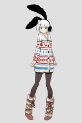 Rule 34 | 1girl, animal ears, blue eyes, boots, rabbit ears, christmas sweater, colored eyelashes, earmuffs, full body, fur boots, grey background, highres, original, outline, pantyhose, razi, short hair, shorts, simple background, sleeves past wrists, solo, sweater, white hair