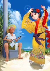 Rule 34 | 1boy, 1girl, arms up, black eyes, black hair, cloud, dancing, day, flower, grey hair, hair flower, hair ornament, highres, instrument, japanese clothes, kimono, old, old man, original, sandals, saryuu (iriomote), shamisen, sitting, sky, tabi, traditional clothes