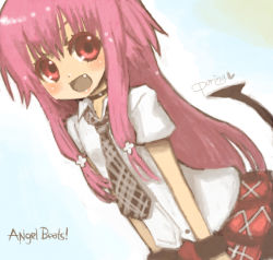 Rule 34 | 10s, 1girl, angel beats!, bad id, bad pixiv id, casual, fang, long hair, miyamae porin, necktie, pink hair, plaid, plaid skirt, red eyes, skirt, solo, tail, twintails, two side up, yui (angel beats!)