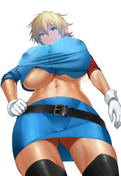 Rule 34 | 1girl, abs, belt, black thighhighs, blonde hair, breasts, female focus, from below, gloves, hellsing, huge breasts, looking at viewer, looking down, metalbolic, midriff, navel, police, police uniform, red eyes, seras victoria, shirt, short hair, simple background, skirt, solo, stomach, taut clothes, taut shirt, thighhighs, thighs, toned, underboob, uniform, white background