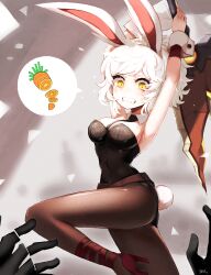 Rule 34 | 1girl, animal ears, attack, belt, black necktie, black pantyhose, breasts, carrot, detached collar, fake tail, high heels, highres, holding, holding sword, holding weapon, hwaryeok, league of legends, leotard, medium breasts, medium hair, necktie, pantyhose, playboy bunny, rabbit ears, rabbit tail, red footwear, riven (league of legends), speech bubble, strapless, strapless leotard, sword, tail, teeth, weapon, white hair, yellow eyes
