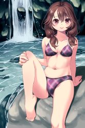 Rule 34 | 1girl, alternate costume, arm behind back, ass, bad id, bad pixiv id, bare arms, bare shoulders, barefoot, bikini, breasts, brown eyes, brown hair, cleavage, collarbone, commentary, day, feet, feet out of frame, gorota, groin, hair between eyes, halterneck, hand on own knee, knee up, lake, lips, lipstick, looking at viewer, low twintails, makeup, medium breasts, medium hair, navel, no eyewear, no headwear, outdoors, pink lips, plaid, plaid bikini, purple bikini, rock, shadow, sitting, sitting on rock, smile, solo, stomach, swimsuit, thighs, touhou, twintails, usami sumireko, water, waterfall