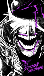 Rule 34 | 1boy, absurdres, bad id, bad pixiv id, batman (series), character name, close-up, covered eyes, dc comics, english text, highres, jin rou, laughing, male focus, mask, monochrome, open mouth, solo, spikes, spot color, the batman who laughs