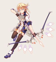 Rule 34 | 1girl, ankle boots, armor, arrow (projectile), bad id, bad pixiv id, blue footwear, boots, bow (weapon), braid, breastplate, breasts, brown gloves, brown thighhighs, closed mouth, diten, drawing bow, earrings, faulds, full body, garter straps, gloves, glowing, glowing arrow, grey background, hair between eyes, holding, holding bow (weapon), holding weapon, jewelry, leg up, long hair, looking at viewer, medium breasts, original, serious, simple background, single braid, sleeve cuffs, sleeves past elbows, solo, thighhighs, uniform, v-shaped eyebrows, weapon