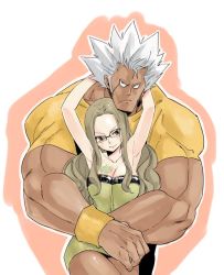 Rule 34 | 1boy, 1girl, biceps, breasts, brown hair, cleavage, dark skin, dress, elfman strauss, evergreen (fairy tail), fairy tail, glasses, hetero, hug, hug from behind, mashima hiro, muscular, official art, scar, short dress, simple background, spiked hair, strapless, strapless dress, white hair, wristband
