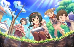 Rule 34 | 1boy, 3girls, ahoge, alternate hair length, alternate hairstyle, artist request, bare tree, black hair, blue sky, blunt bangs, blush, brown eyes, brown hair, checkered clothes, checkered skirt, child, coat, collarbone, day, from below, grass, hairband, holding, idolmaster, idolmaster cinderella girls, idolmaster cinderella girls starlight stage, kohinata miho, long sleeves, looking at viewer, low twintails, multiple girls, official art, open mouth, outdoors, pantyhose, plaid, plaid skirt, short hair, shovel, skirt, sky, smile, squatting, tree, twintails, worktool