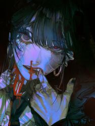 Rule 34 | 1girl, black eyes, black hair, black nails, blood, bright pupils, commentary, dripping blood, eyelashes, facepaint, finger in own mouth, hair between eyes, john kafka, looking at viewer, mole, mole under eye, nail polish, nosebleed, original, red pupils, solo, upper body