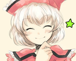Rule 34 | 1girl, ^ ^, blush, brown hair, close-up, closed eyes, female focus, hand on own face, harusame (unmei no ikasumi), hat, lyrica prismriver, shirt, short hair, sketch, smile, solo, star (symbol), touhou, white hair