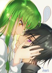 Rule 34 | 1boy, 1girl, black hair, c.c., code geass, creayus, eye contact, frown, green hair, hand on another&#039;s face, lelouch vi britannia, long hair, looking at another, nervous, purple eyes, shirt, short hair, smile, sweatdrop, yellow eyes