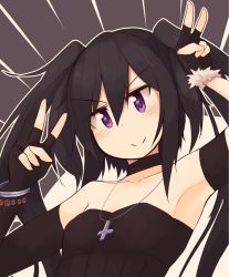 Rule 34 | 1girl, amano kouki, arm cuffs, armpits, bare shoulders, black dress, black gloves, black hair, bracelet, choker, closed mouth, cross, double v, dress, elbow gloves, fingerless gloves, flat chest, gloves, jewelry, kaginoni, long hair, necklace, note-chan, original, purple eyes, simple background, smile, solo, twintails, v