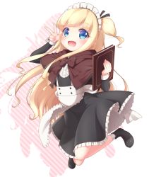 Rule 34 | 10s, 1girl, :d, apron, blonde hair, blue eyes, blush, book, boots, capelet, dress, full body, hiiragi mayuki, hinako note, long hair, looking at viewer, maid, maid headdress, menu, open mouth, simple background, smile, socks, solo, v, very long hair, white background, white socks