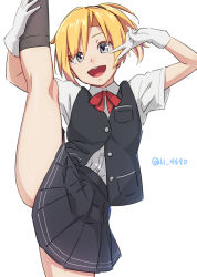 Rule 34 | 1girl, 4690 (tkpbsk), black skirt, black vest, blonde hair, commentary request, cowboy shot, dress shirt, gloves, grey eyes, kantai collection, looking at viewer, maikaze (kancolle), one-hour drawing challenge, parted bangs, pleated skirt, ponytail, school uniform, scrunchie, shirt, short sleeves, simple background, skirt, solo, split, standing, standing on one leg, standing split, v over eye, vest, white background, white gloves, white shirt