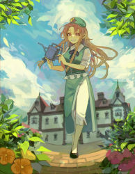 Rule 34 | 1girl, absurdres, beret, black bow, black bowtie, black footwear, blouse, blush, bow, bowtie, braid, building, cloud, collared shirt, commentary, commission, floating hair, flower, full body, green hat, green skirt, green vest, grin, hat, highres, holding, holding watering can, hong meiling, leaf, long hair, looking at viewer, orange flower, outdoors, pants, pink flower, red eyes, red hair, scarlet devil mansion, shi chimi, shirt, shoes, short sleeves, side slit, skeb commission, skirt, skirt set, sky, smile, solo, star (symbol), teeth, touhou, twin braids, vest, watering can, white pants, white shirt