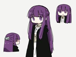 Rule 34 | absurdres, black coat, braided scarf, butterfly hair ornament, coat, collar, cut bangs, dress, expressionless, fern (sousou no frieren), frilled collar, frills, hair ornament, highres, hood, hooded coat, long coat, long dress, long hair, long sleeves, looking at viewer, pout, purple eyes, purple hair, purple scarf, scarf, sidelocks, simple background, sousou no frieren, straight hair, tokiwa (914), white dress