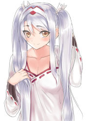 Rule 34 | 10s, 1girl, alternate costume, alternate hairstyle, breasts, cleavage, japanese clothes, kantai collection, long hair, looking at viewer, miko, ribbon-trimmed clothes, ribbon-trimmed sleeves, ribbon trim, sensen, shoukaku (kancolle), silver hair, sketch, smile, solo, twintails, yellow eyes