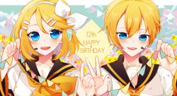 Rule 34 | 1boy, 1girl, :d, absurdres, bass clef, black sailor collar, blonde hair, blue eyes, blush, bow, brother and sister, cherry anzu, cloud, collarbone, commentary request, detached sleeves, flag, floral background, hair bow, hair ornament, hairclip, happy birthday, headset, highres, holding, holding flag, index finger raised, kagamine len, kagamine rin, looking at viewer, neckerchief, necktie, open mouth, sailor collar, shirt, short hair, short sleeves, siblings, side-by-side, sidelocks, sky, smile, string of flags, treble clef, twins, upper body, v, vocaloid, white shirt, yellow neckerchief