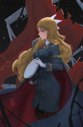 Rule 34 | 1girl, belt, blonde hair, buttons, coat, double-breasted, epaulettes, fur trim, gloves, hair ornament, hat, highres, long hair, military, military uniform, necktie, original, overcoat, pantyhose, peaked cap, people&#039;s liberation army, purple eyes, red necktie, sima naoteng, solo, uniform, white gloves