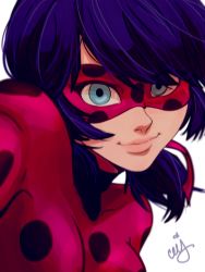 Rule 34 | 1girl, blue eyes, blue hair, bodysuit, ceejles, domino mask, highres, ladybug (character), long hair, looking at viewer, magical girl, marinette dupain-cheng, mask, matching hair/eyes, miraculous ladybug, polka dot, signature, smile, solo, twintails, upper body
