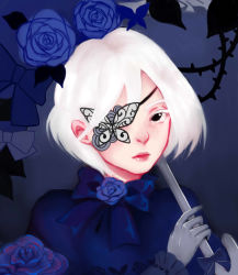 Rule 34 | 1girl, absurdres, asem19, blue dress, bow, bug, butterfly, butterfly eyepatch, cocoppa play, colored eyelashes, dress, eyelashes, eyepatch, goth fashion, gothic lolita, highres, insect, lolita fashion, original, thorns, umbrella, white hair