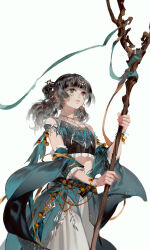 Rule 34 | 1girl, black hair, blunt bangs, bracelet, brown eyes, closed mouth, collarbone, cowboy shot, detached sleeves, earrings, fingernails, highres, holding, holding wand, ibuki satsuki, jewelry, long hair, looking ahead, looking up, necklace, original, sidelocks, simple background, solo, standing, traditional clothes, wand, white background