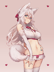 1girl animal_ears aqua_eyes aqua_nails arched_back bare_shoulders bow bowtie breasts brown_background commentary crop_top detached_sleeves dog_ears dog_tail female_focus hair_between_eyes heart large_breasts long_hair looking_at_viewer nail_polish navel original red_bow red_bowtie simple_background solo standing stomach tail thighhighs white_hair yutsumoe