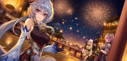 Rule 34 | 3girls, architecture, arm cuffs, bare shoulders, bell, black gloves, blue hair, bodystocking, china dress, chinese clothes, city, cone hair bun, cowbell, crossed bangs, detached sleeves, double bun, dress, dutch angle, east asian architecture, elbow gloves, fireworks, ganyu (genshin impact), genshin impact, gloves, goat horns, hair between eyes, hair bun, hair ornament, highres, holding, holding smoking pipe, horns, keqing (genshin impact), lantern, light blue hair, long hair, looking at viewer, multiple girls, neck bell, night, night sky, ningguang (genshin impact), parted bangs, pelvic curtain, poise, purple eyes, purple hair, sky, smile, smoking pipe, tassel, tassel hair ornament, wavy hair, white dress, white hair