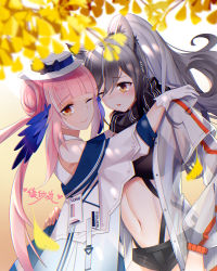 Rule 34 | 2girls, absurdres, animal ear fluff, arknights, autumn leaves, blue feathers, blunt bangs, blush, ceylon (arknights), chinese commentary, commentary request, cowboy shot, feather hair, feathers, gradient background, groin, hair between eyes, highres, lingshalan, looking at another, midriff, multiple girls, navel, parted lips, schwarz (arknights), short shorts, shorts, simple background, smile, standing, tagme