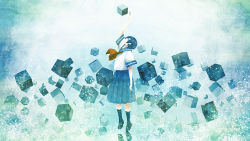 Rule 34 | 1girl, abstract, arm up, black hair, craft-cs, cube, female focus, floating, gradient background, light particles, looking up, muted color, original, profile, reaching, reaching towards viewer, reflection, school uniform, serafuku, short hair, solo, surreal, texture, vocaloid