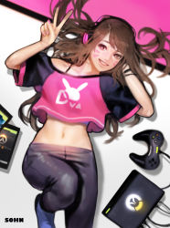 Rule 34 | 1girl, absurdres, artist name, black bra, blurry, bra, bra strap, brown eyes, brown hair, casual, clothes writing, controller, cowboy shot, crop top, d.va (overwatch), facial mark, game console, game controller, gamepad, grin, hand in own hair, headphones, highres, leg up, long hair, looking at viewer, lying, matching hair/eyes, messy hair, midriff, nail polish, navel, off shoulder, on back, overwatch, overwatch 1, pants, pink nails, pink shirt, shirt, short sleeves, signature, simple background, smile, sohn woohyoung, solo, t-shirt, underwear, v, whisker markings, white background