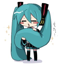 Rule 34 | 1girl, absurdly long hair, aqua hair, aqua necktie, black footwear, black skirt, black sleeves, blush stickers, boots, chibi, chibi only, closed eyes, full body, hair between eyes, hatsune miku, holding own hair, kyomu 305, long hair, long sleeves, necktie, open mouth, shadow, simple background, skirt, solo, standing, thigh boots, thighhighs, twintails, very long hair, vocaloid, white background, zettai ryouiki