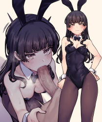 Rule 34 | 1boy, 1girl, animal ears, arm at side, bare shoulders, black bow, black bowtie, black hair, blush, bow, bowtie, breasts, brown pantyhose, censored, collarbone, commentary request, covered navel, detached collar, fake animal ears, fellatio, frown, grey background, hand on own hip, hetero, idolmaster, idolmaster shiny colors, jp06, kneeling, leotard, long hair, looking at viewer, mayuzumi fuyuko, medium breasts, mosaic censoring, multiple views, oral, pantyhose, penis, playboy bunny, simple background, standing, sweatdrop, wrist cuffs, yellow background