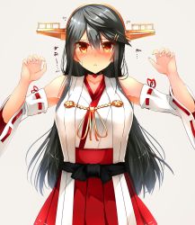 Rule 34 | 10s, 1girl, against wall, bad id, bad nicoseiga id, black hair, blush, breasts, brown eyes, brown hair, choker, cleavage, collarbone, detached sleeves, full-face blush, grey background, hair ornament, hairband, hairclip, haruna (kancolle), headgear, heart, heart necklace, highres, japanese clothes, jewelry, kantai collection, large breasts, long hair, looking at viewer, necklace, nontraditional miko, parted lips, paw pose, ribbon-trimmed sleeves, ribbon trim, simple background, solo, translation request, tsukui kachou, upper body