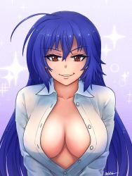 Rule 34 | 1girl, ahoge, akairiot, blouse, blue hair, breasts, brown eyes, cleavage, grin, highres, kurokami medaka, large breasts, long hair, looking at viewer, medaka box, no bra, open clothes, shirt, smile, solo, sparkle background, unbuttoned, unbuttoned shirt, upper body, v arms, very long hair, white shirt