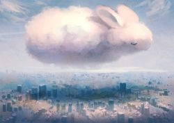 Rule 34 | animal, bad id, bad pixiv id, blue sky, building, city, cloud, commentary request, day, closed eyes, from side, manino (mofuritaionaka), no humans, original, oversized animal, rabbit, scenery, sky, skyscraper, sleeping, surreal