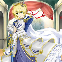 Rule 34 | 1girl, :o, adapted costume, ahoge, armor, armored dress, artoria pendragon (fate), blonde hair, caliburn (fate), cape, crown, fate/stay night, fate (series), faulds, frills, gauntlets, green eyes, hair ribbon, hands on hilt, highres, kiryu-1003, kiryu (1003), lion, mini crown, puffy sleeves, ribbon, saber (fate), sheath, sheathed, solo, standing, sword, weapon