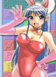 Rule 34 | 1girl, animal ears, blue eyes, blue hair, blush, breasts, cleavage, collarbone, detached sleeves, elbow gloves, fake animal ears, fake tail, gloves, hand on own hip, large breasts, leotard, long hair, looking at viewer, matching hair/eyes, megapanel, mole, mole under eye, namco, neck ribbon, open mouth, pantyhose, pink gloves, playboy bunny, rabbit ears, rabbit tail, red leotard, red ribbon, ribbon, sig (sotokanda delta force), smile, solo, standing, tail, yamashina keiko