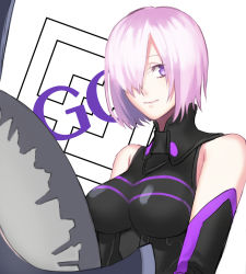 Rule 34 | 1girl, black gloves, closed mouth, copyright name, elbow gloves, fate/grand order, fate (series), gloves, highres, looking at viewer, mai0124, mash kyrielight, pink hair, purple eyes, shield, short hair, smile, solo, upper body, white background