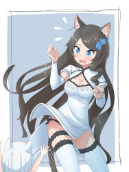Rule 34 | 2girls, absurdres, animal ear fluff, animal ears, black panties, blue eyes, blush, breasts, brown hair, cat ears, cat tail, child, cleavage cutout, clothes lift, clothing cutout, contrapposto, detached sleeves, dress, dress lift, embarrassed, flying sweatdrops, hands up, highres, long hair, long sleeves, mao lian (nekokao), medium breasts, multiple girls, open mouth, original, panties, panty peek, pelvic curtain, side-tie panties, standing, tail, thigh strap, thighhighs, aina (mao lian), underwear, very long hair, wavy mouth, white dress, white legwear, wide-eyed, wind, wind lift