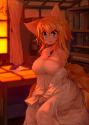 Rule 34 | 1girl, alternate costume, animal ears, bare shoulders, blonde hair, blue eyes, bookshelf, breasts, brooch, cleavage, crying, dress, envelope, fang, fox ears, fox tail, highres, huge breasts, jewelry, koha, large breasts, letter, looking at viewer, multiple tails, necklace, ring, short hair, smile, solo, tail, tears, touhou, wedding dress, yakumo ran