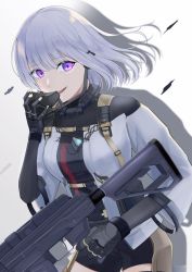 Rule 34 | 1girl, absurdres, black bodysuit, black shorts, bodysuit, breasts, defy (girls&#039; frontline), feet out of frame, girls&#039; frontline, gloves, grey hair, gun, hair ornament, hairclip, highres, holding, holding gun, holding mask, holding weapon, light machine gun, looking at viewer, machine gun, mask, medium breasts, medium hair, open mouth, purple eyes, rpk-16, rpk-16 (girls&#039; frontline), shadow, shorts, smile, solo, sorayan 03, standing, tactical clothes, teeth, upper teeth only, weapon, white background, wide sleeves, wire